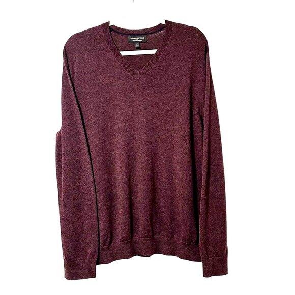 Banana Republic Mens Merino Wool V-Neck Sweater Large Burgundy Maroon Classic - Picture 2 of 10